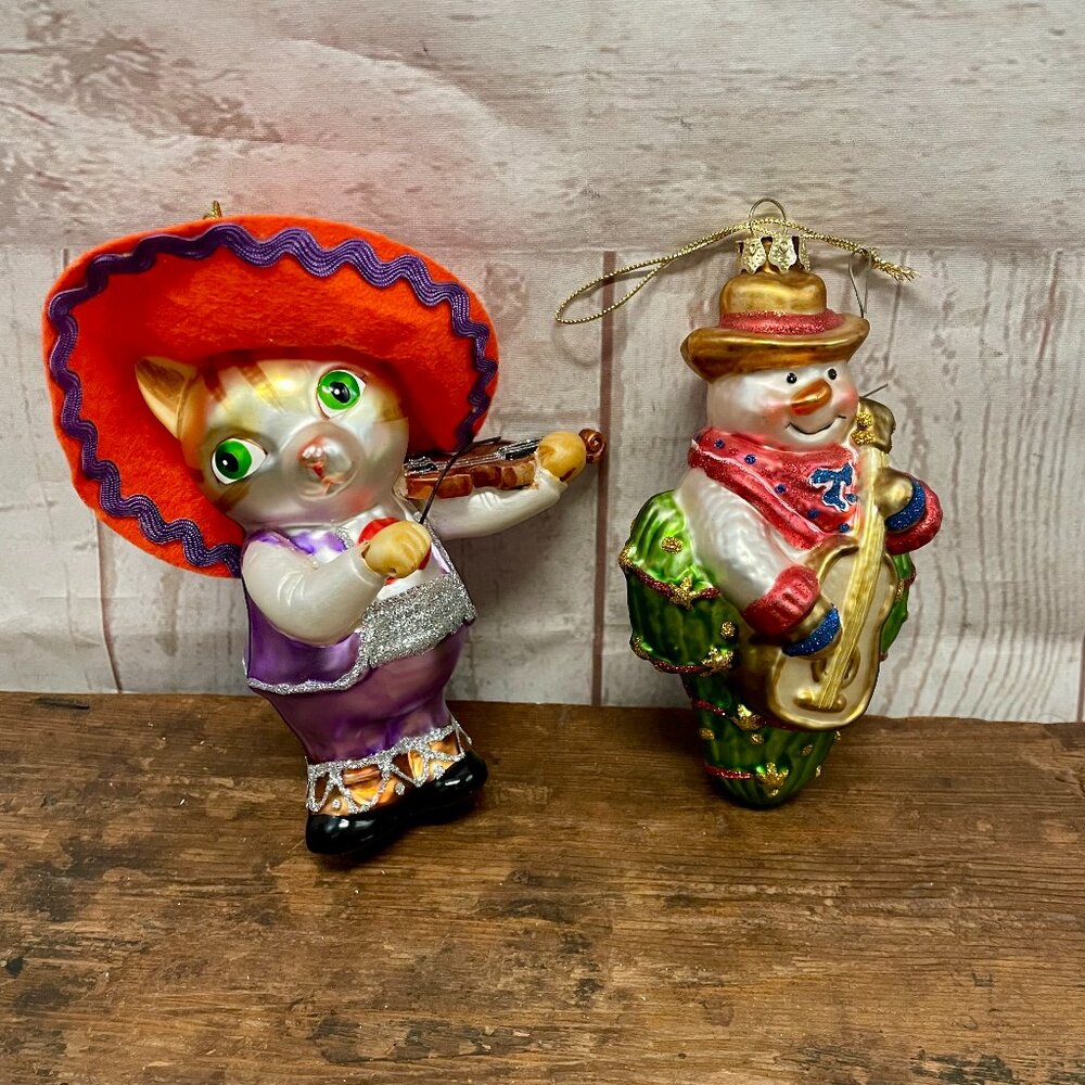 Pair of glass Cat and Snowman Musical Ornaments Rare!